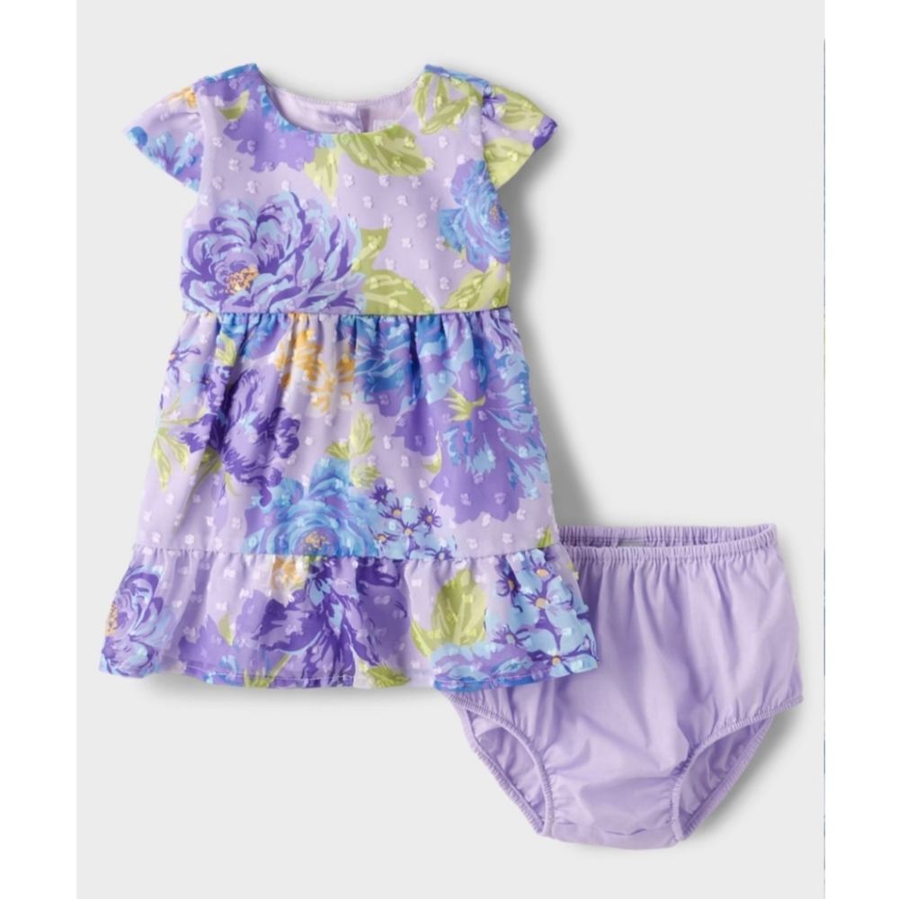 The Children's Place Baby Girl Floral Tiered Lined Dress with Diaper Cover 3-6M